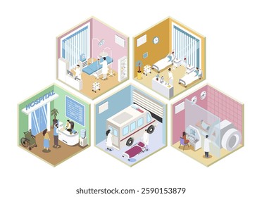 Hospital 3d isometric rooms concept in isometry graphic design for web. People registering at clinic reception, doctors work at surgery, patients at wards, MRI service cabinet. Vector illustration.