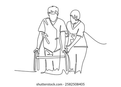 Hospital activity concept. Single line draw design vector graphic illustration.	