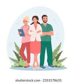 Hospital administrator standing with doctors vector illustration. Cartoon drawing of medical staff team in uniform standing together. Medicine, healthcare, profession concept