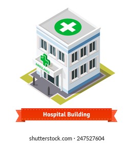 Hospital e ambulância. Ilustração de estilo plano e isométrico. Vetor EPS 10. Ilustração de estilo plano. Vetor EPS 10.