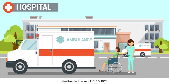 Hospital Ambulance Flat Vector Color Illustration. Hospital Exterior Clipart. Nurse Carries Disabled Woman in Wheelchair on Stroll. Health Worker, Patient Cartoon Character. Medicine and Healthcare