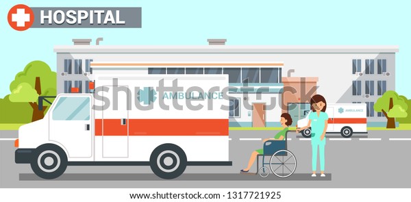 Hospital Ambulance Flat Vector Color\
Illustration. Hospital Exterior Clipart. Nurse Carries Disabled\
Woman in Wheelchair on Stroll. Health Worker, Patient Cartoon\
Character. Medicine and\
Healthcare