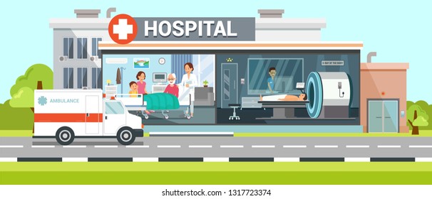 Hospital and Ambulance Flat Vector Illustration Clinic Room Inside Interior. Family Meets Grandfather after Disease Treatment. Health Color Poster, Banner Idea. omputed Tomography, Body X-ray