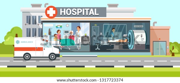 Hospital and Ambulance Flat Vector Illustration\
Clinic Room Inside Interior. Family Meets Grandfather after Disease\
Treatment. Health Color Poster, Banner Idea. omputed Tomography,\
Body X-ray