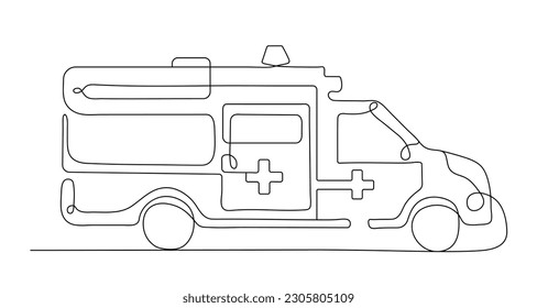 Krankenversicherungslinie im Krankenhaus. Einmalige, durchgehende Zeichnung des Fahrzeugs mit xross. Gesundheitsversorgung und Behandlung, Erste Hilfe. Auto zur Rettung kritischer Patienten, 911. Lineare flache Vektorgrafik