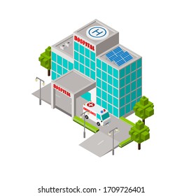 Hospital And Ambulance That Is Ready To Work At All Times Isometric Vector Design