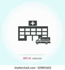 Hospital with ambulance vector icon.