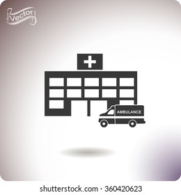 Hospital with ambulance vector icon.