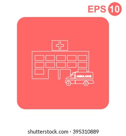 Hospital with ambulance vector icon.