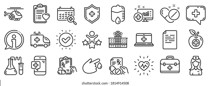 Hospital assistance, Ambulance, Health food diet, Laboratory tubes icons. Medical rx line icons. First aid kit, Medical doctor, Prescription Rx recipe. Drop counter, Ambulance emergency car. Vector