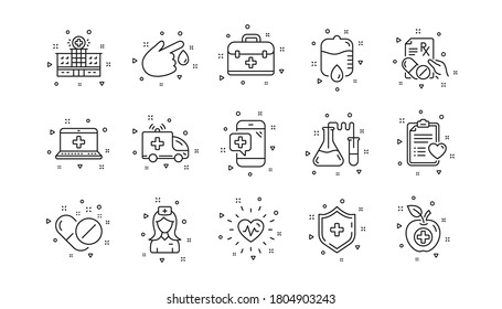 Hospital assistance, Health food diet and Laboratory. Medical line icons. Chemistry linear icon set. Geometric elements. Quality signs set. Vector