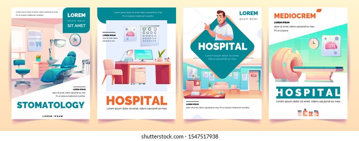 Carteles del hospital. Servicio de estomatología y oficina terapéutica, servicio de imágenes de resonancia magnética y formación de mediocres para publicidad clínica, diseño de carteles de atención médica. Ilustración vectorial de dibujos animados