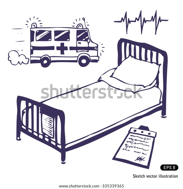 Hospital bed and ambulance. Hand drawn sketch\
illustration isolated on white\
background
