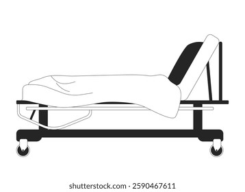 Hospital bed with blanket black and white 2D line object. Medical furniture adjustable backrest. Healthcare facility equipment isolated clip art vector outline item. Monochromatic spot illustration