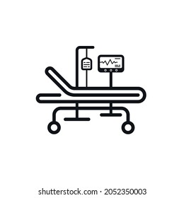 Hospital Bed, Cardiogram And Plastic Liquid Bag In Intensive Care Unit. Emergency Medical Equipment Icon Design.