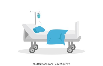 Estilo de caricatura del clíparte de la cama del hospital. Lecho médico simple con el líquido de la vía intravenosa de la ilustración plana del vector dibujado a mano estilo doodle. Cama de paciente. Concepto hospitalario y médico