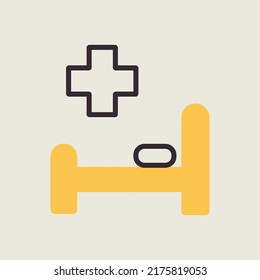 Icono de cama de hospital y vector cruzado. Medicina y salud, signo de apoyo médico. Símbolo gráfico para diseño de aplicaciones y sitios web médicos, logotipo, aplicación, interfaz de usuario