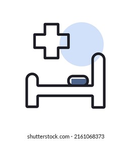 Krankenhausbett und Kreuz Vektorsymbol einzeln. Medizin und Gesundheitswesen, medizinisches Unterstützungszeichen. Bildsymbol für medizinische Website und Design von Apps, Logo, App, Benutzeroberfläche