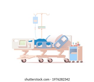 Hospital bed with dropper, bedside table and medicines. Vector illustration isolated on white background