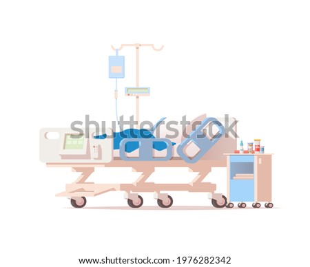 Hospital bed with dropper, bedside table and medicines. Vector illustration isolated on white background