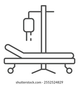 Cama de hospital con icono de línea delgada gotero, concepto de transfusión de sangre. Gráficos de Vector. Cuentagotas de sangre y letrero de cama sobre fondo blanco, icono de estilo de contorno para móvil o Diseño web