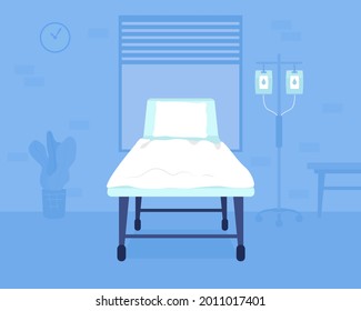 Hospital Bed Flat Color Vector Illustration. Hospitalizing Patients With Severe Health Problems. Clinic Furniture. Hospital Room 2D Cartoon Interior With Drop Counter And Couch On Background