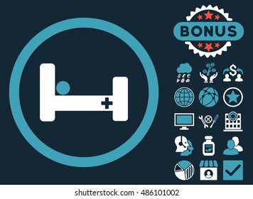 Hospital Bed icon with bonus elements. Vector illustration style is flat iconic bicolor symbols, blue and white colors, dark blue background.