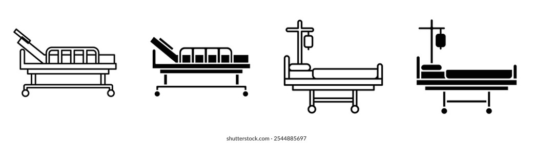 Hospital bed icon collection in black and white filled and solid vector style.