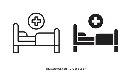 Ícone de cama de hospital plano e pacote de vetor de traçado fino. Conjunto de ícones editáveis