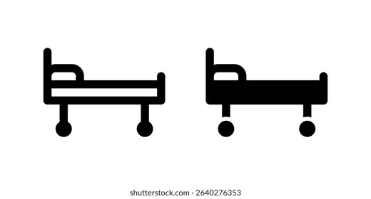Hospital Bed Icon Set. A black glyph and outline icon of a hospital bed, representing patient care.