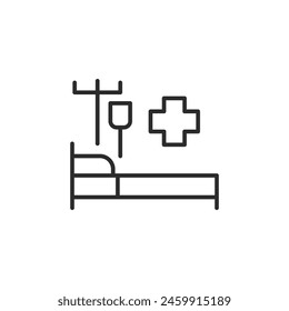 Icono de cama de hospital. Cama simple de hospital con soporte IV e ícono de cruz médica para servicios de atención médica, App médicos y Diseño web hospitalario. Ilustración vectorial aislada sobre fondo blanco