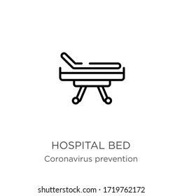 Hospital bed icon. Thin linear hospital bed outline icon isolated on white background from Coronavirus Prevention collection. Modern line vector sign, symbol, stroke for web and mobile