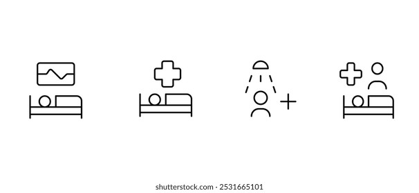 Hospital bed icon, treatment, vector set design with Editable Stroke. Line, Solid, Flat Line, thin style and Suitable for Web Page, Mobile App, UI, UX design.