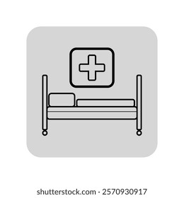 Hospital bed line icon. Bed with pillow and blanket and cross outline sign. Medicine and healthcare concept. Vector illustration, symbol element for web design and apps