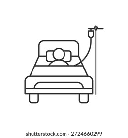 Vector de icono de línea de cama de hospital. Cama del paciente con el símbolo del icono de la infusión. Ilustración vectorial de atención médica