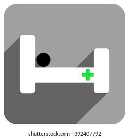 Hospital Bed long shadow vector icon. Style is a flat hospital bed iconic symbol on a gray square background.