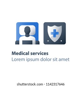Hospital bed, medical attendance, hospitalization and treatment, stationary therapy, rehabilitation ward, hospice services, vector flat icon