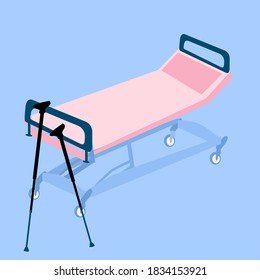 Hospital bed or medical couch vector illustration.Crutches are in emergency room.Injury, bone fractures,lameness and orthopedic problems concept. Equipment in clinic for rehabilitation and recovery