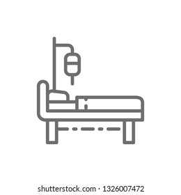 Hospital bed with medical equipments, intensive care, resuscitation, medicine ward line icon.