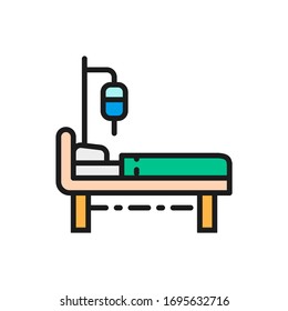 Hospital Bed With Medical Equipments, Intensive Care Flat Color Line Icon.