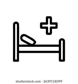 Hospital bed with medical plus sign. Icon symbol illustration