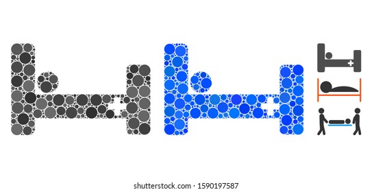 Hospital bed mosaic of filled circles in various sizes and color tints, based on hospital bed icon. Vector filled circles are grouped into blue collage.
