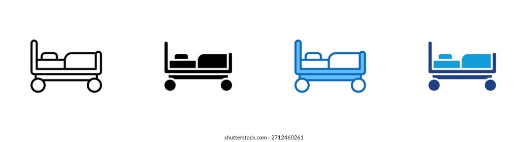 Vetor de Design de Ícone de Estilo Múltiplo da Cama do Hospital - Cama do hospital com cabeceira e rodas, representando o atendimento ao paciente, repouso ou sala de recuperação