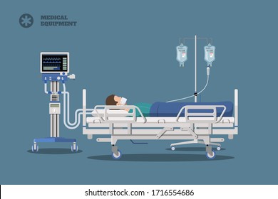 Hospital bed with patient. Man connected to mechanical ventilation system.  Medical equipment. Isolated clinic image. Vector illustration