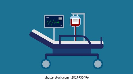 Hospital Bed, Pulse Trace Machine, Blood Transfusion, Blood Serum. Emergency, Surgery, Illness, Covid-19, Coronavirus Concepts. Blue Background.