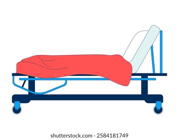 Hospital bed with red blanket 2D cartoon object. Medical furniture with adjustable backrest. Healthcare facility equipment isolated element flat vector clipart on white background. Spot illustration