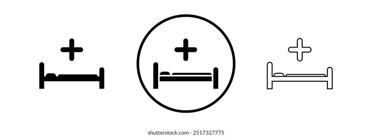 Uma cama de hospital, um conjunto de ícones em diferentes variações.
