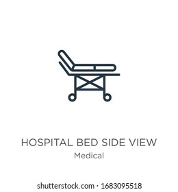 Symbol für die Seitenansicht des Krankenhauses. Dünne lineare Krankenhausbett-Seitenansicht Symbol einzeln auf weißem Hintergrund aus der medizinischen Sammlung. Vektorillustration der Linie, Symbol für Web und Mobilfunk