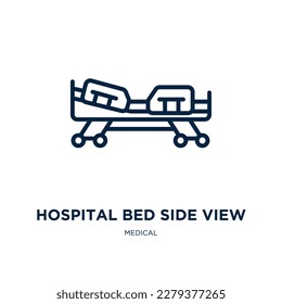 hospital bed side view icon from medical collection. Thin linear hospital bed side view, bed, hospital outline icon isolated on white background. Line vector hospital bed side view sign, symbol for 