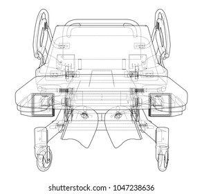 Hospital Bed Sketch. Vector rendering of 3d. Wire-frame style. The layers of visible and invisible lines are separated